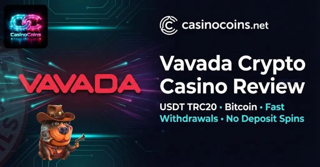 Vavada crypto casino review banner with VAVADA logo and casinocoins.net, featuring USDT TRC20 crypto payments and fast withdrawal time.
