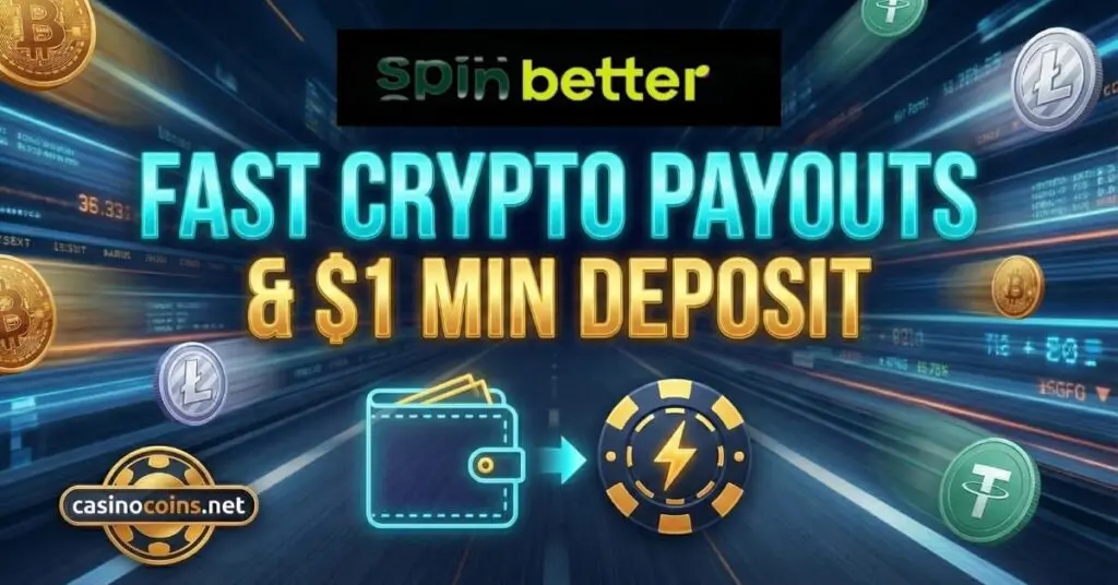 Illustration of SpinBetter casino's fast cryptocurrency payouts and $1 minimum deposit features, showing a digital wallet and crypto coins on a high-speed data highway.