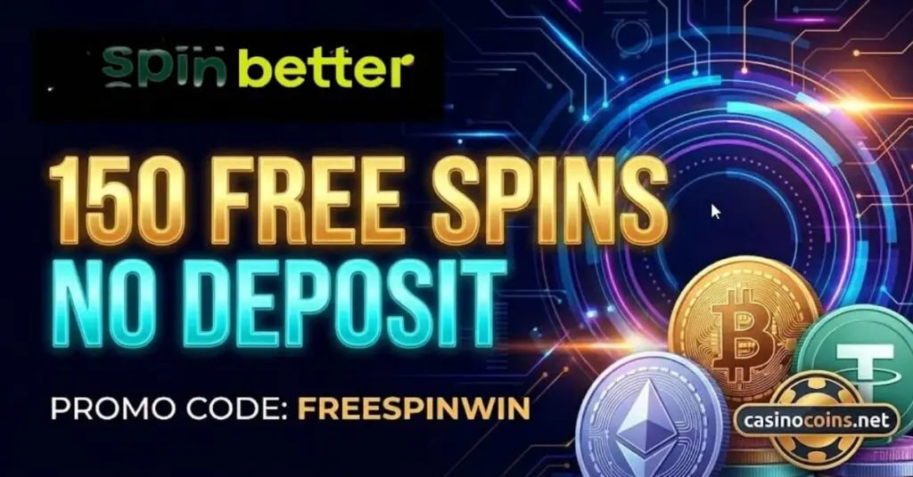 SpinBetter Crypto Casino Review 2026 summary graphic listing key features: 150 free spins no deposit, $1 min deposit, fast withdrawals, and huge game library set against a virtual casino floor.
