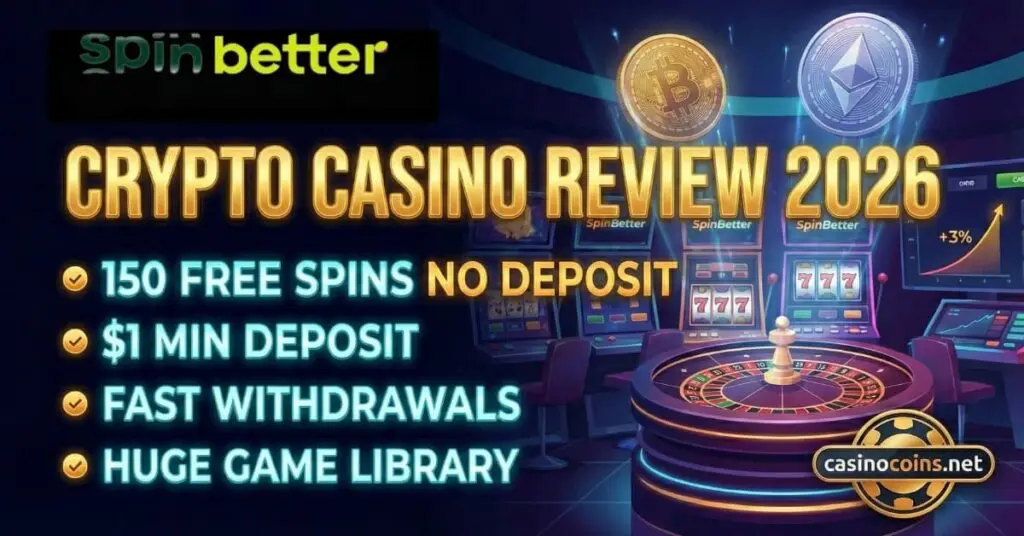 SpinBetter crypto casino banner highlighting the 150 free spins no deposit bonus using promo code FREESPINWIN, featuring Bitcoin, Ethereum, and Tether coins against a neon background.