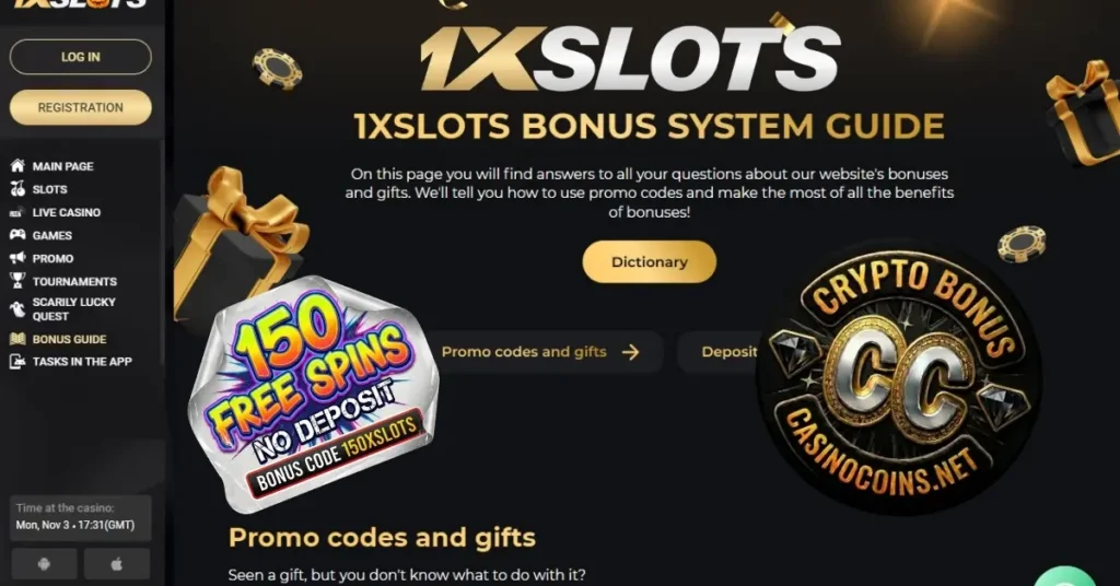 Crypto casino 1xSlots bonus lobby with slots featured for free spins no deposit offer