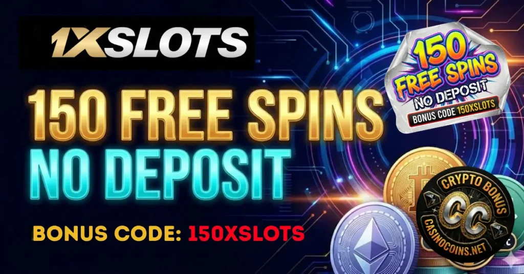 Crypto casino 1xSlots cashier showing Bitcoin and USDT no deposit bonus