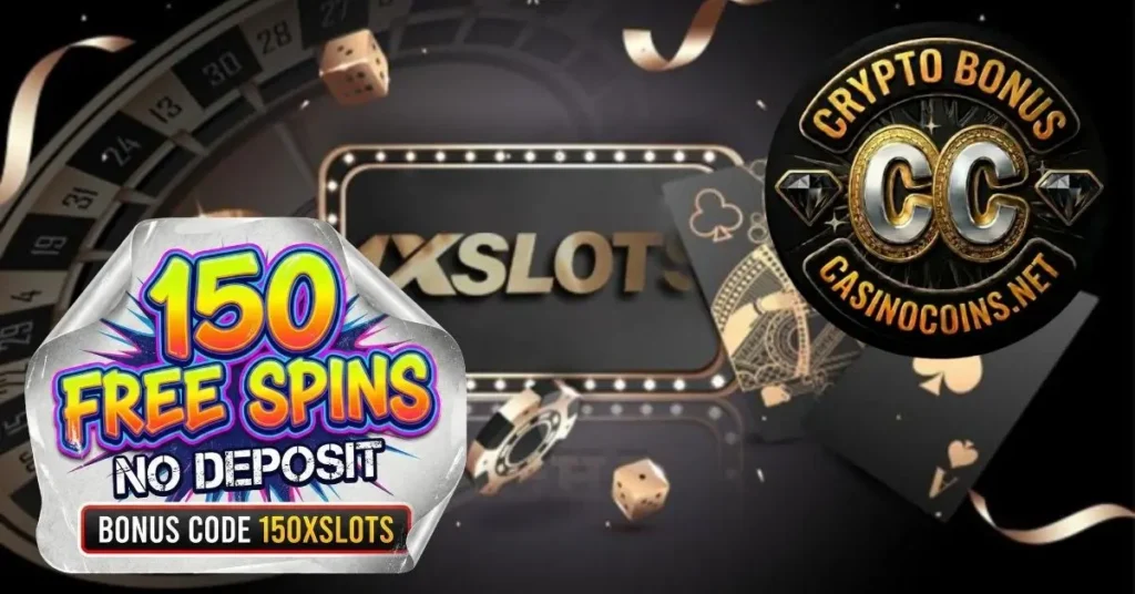 1xSlots crypto casino no deposit bonus banner with 150 free spins code 150XSLOTS