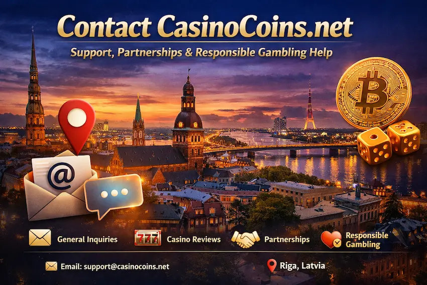 Contact CasinoCoins.net page banner showing Riga, Latvia skyline with email and support icons for partnerships, casino reviews, and responsible gambling assistance.