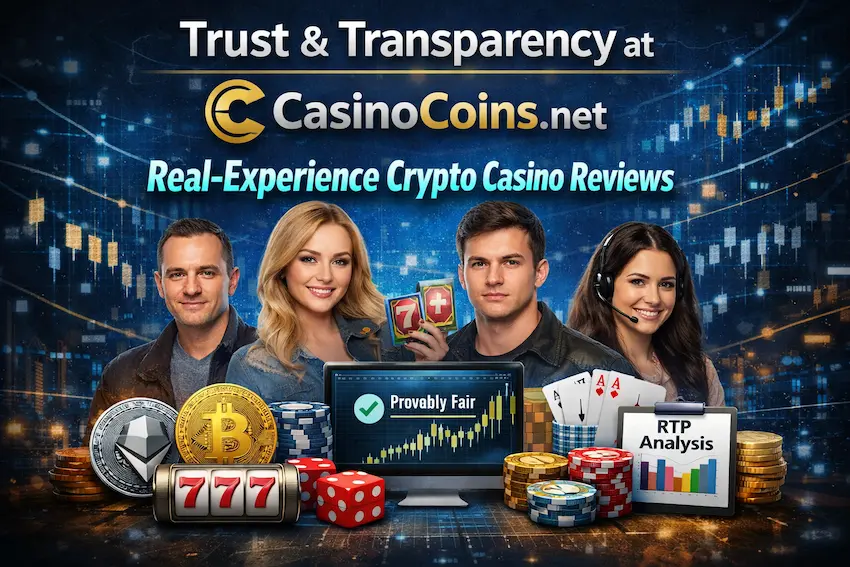 CasinoCoins.net trust and transparency banner showing crypto casino review experts, Bitcoin and Ethereum coins, provably fair verification, RTP analysis, and casino elements on a blue digital background.