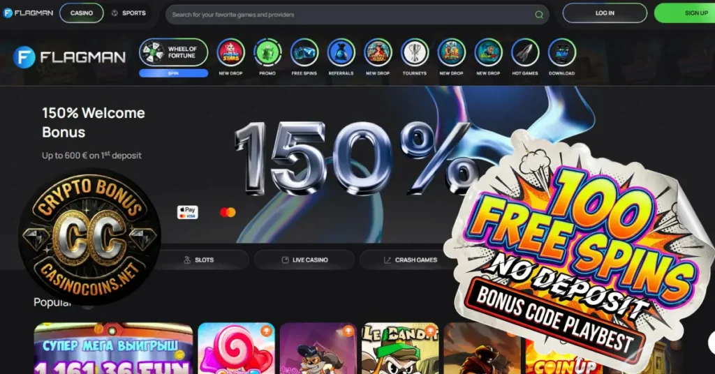 Get a 150% crypto welcome bonus at Flagman Casino and top up your balance with BTC, ETH, or USDT.