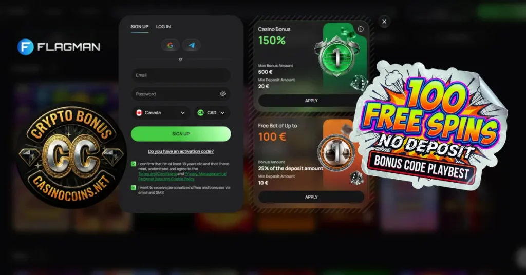 Register at Flagman Crypto Casino and claim 100 free spins no deposit with promo code PLAYBEST.
